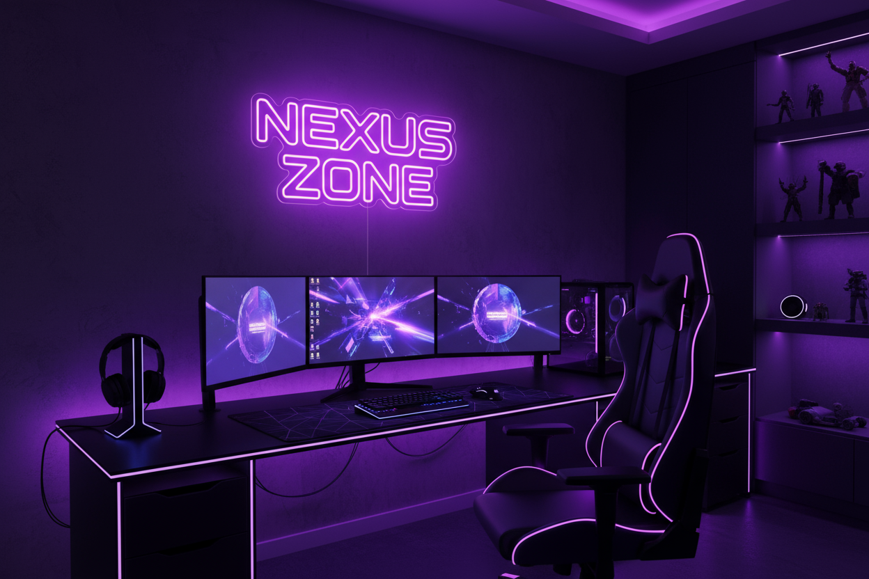 letreiro led em um quarto gammer  invente um nome ficticio  cor roxa