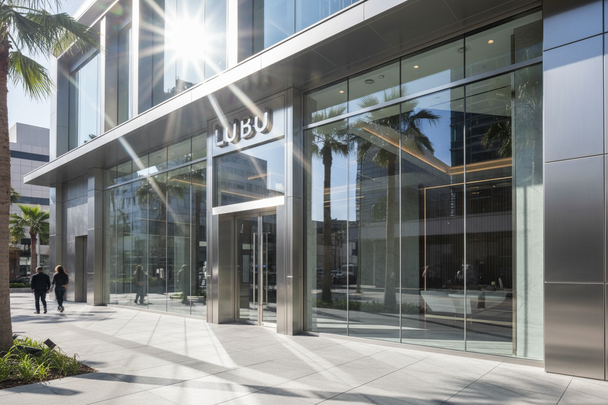 uma empresa com "LUBU" ESCRITO EM LETRAS METALICAS BRILHANTES , FAÇA UM ESTABELICIMENTO COMERCIAL COM A LUZ DO SOL A BATER NA JANELA BRILHANTE
